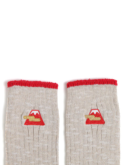 Beige Fuji Embroidered Long Socks