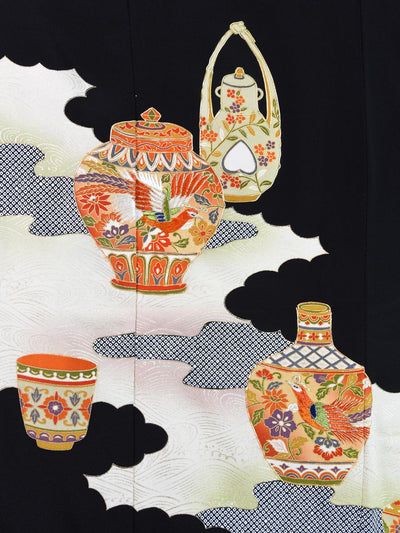 Vintage Silk Black Japanese Kimono Detail
