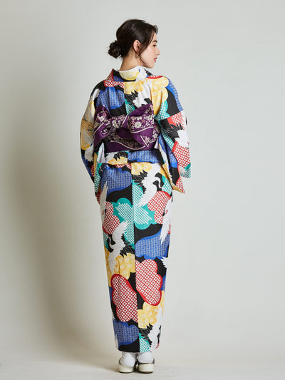 Tancho Crane Japanese Kimono with Purple Obi Belt rear view