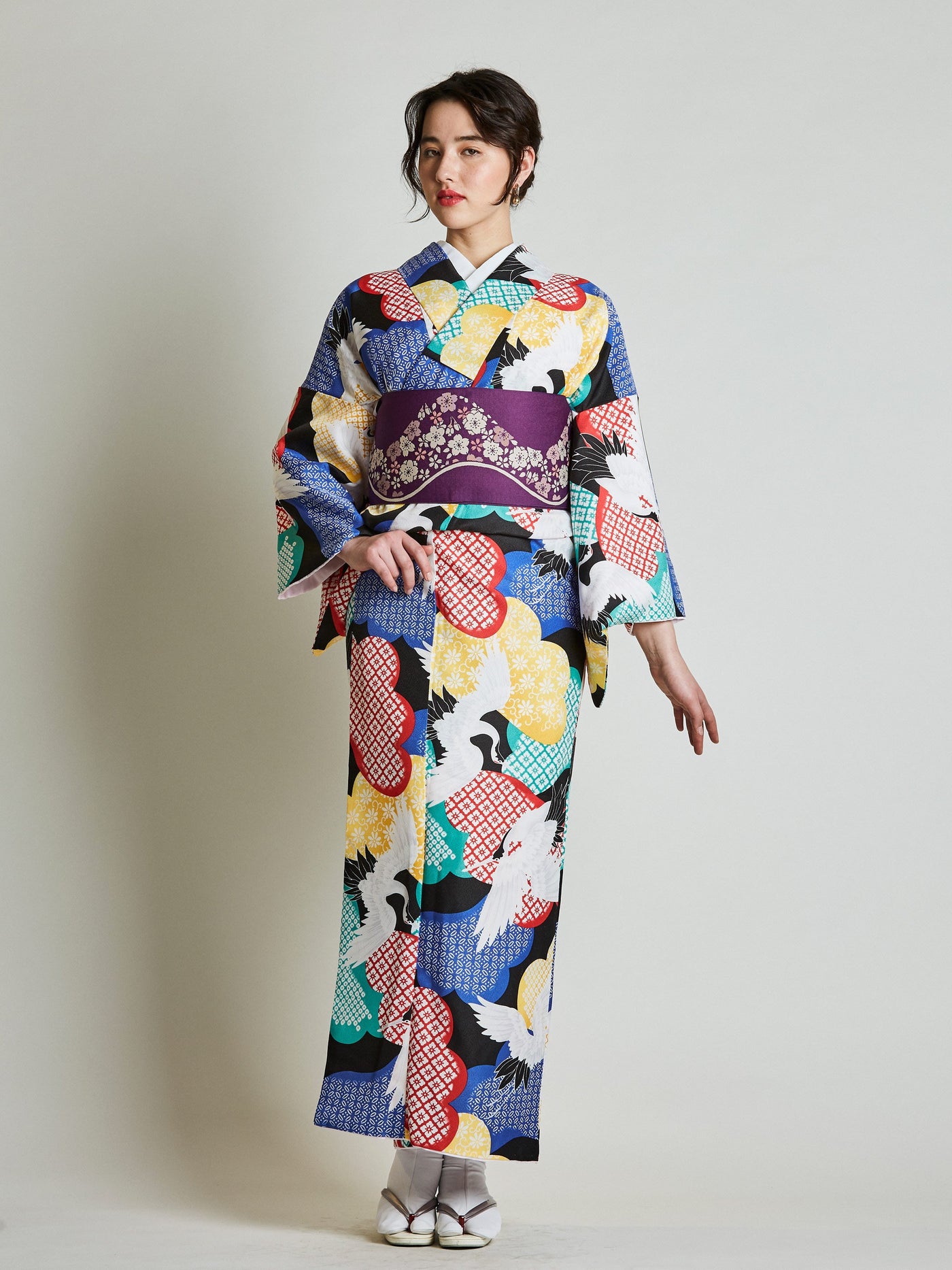 Tancho Crane Japanese Kimono with Purple Obi Belt front view