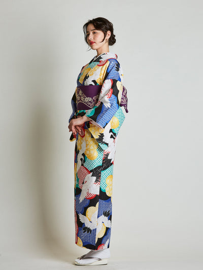 Tancho Crane Japanese Kimono with Purple Obi Belt side view