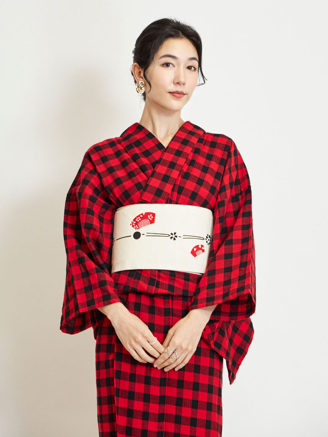 格紋紅純棉浴衣和服| Japan Objects Store