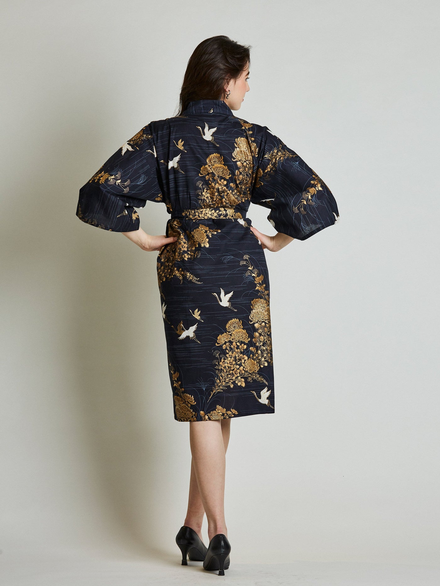 Japanese Crane Navy Blue Kimono Robe rear view