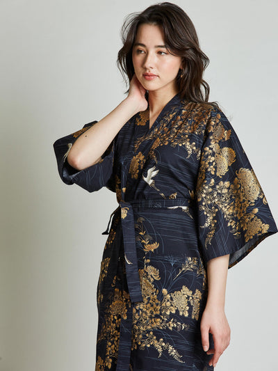 Japanese Crane Navy Blue Kimono Robe close-up