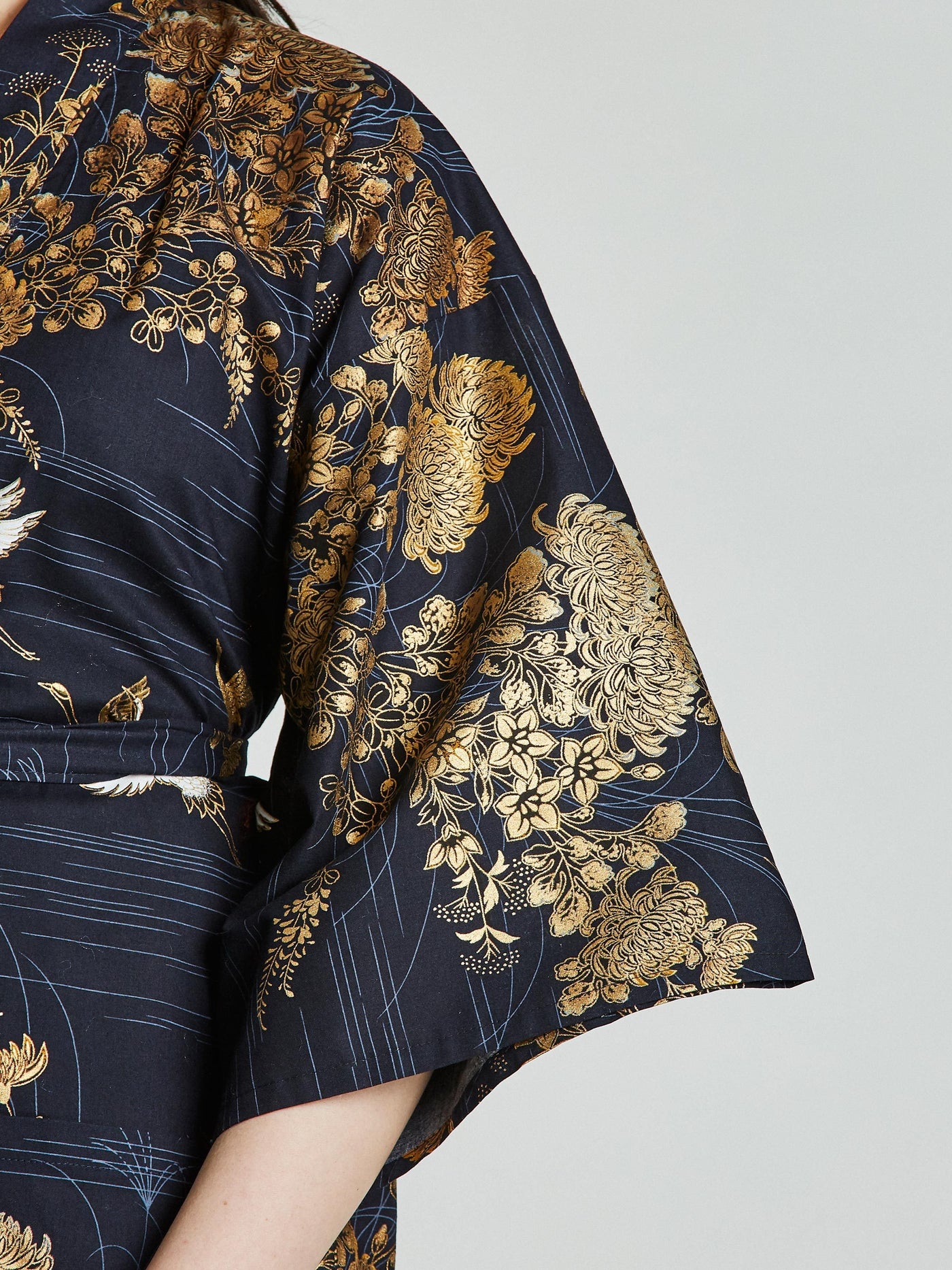 Japanese Crane Navy Blue Kimono Robe sleeve close-up
