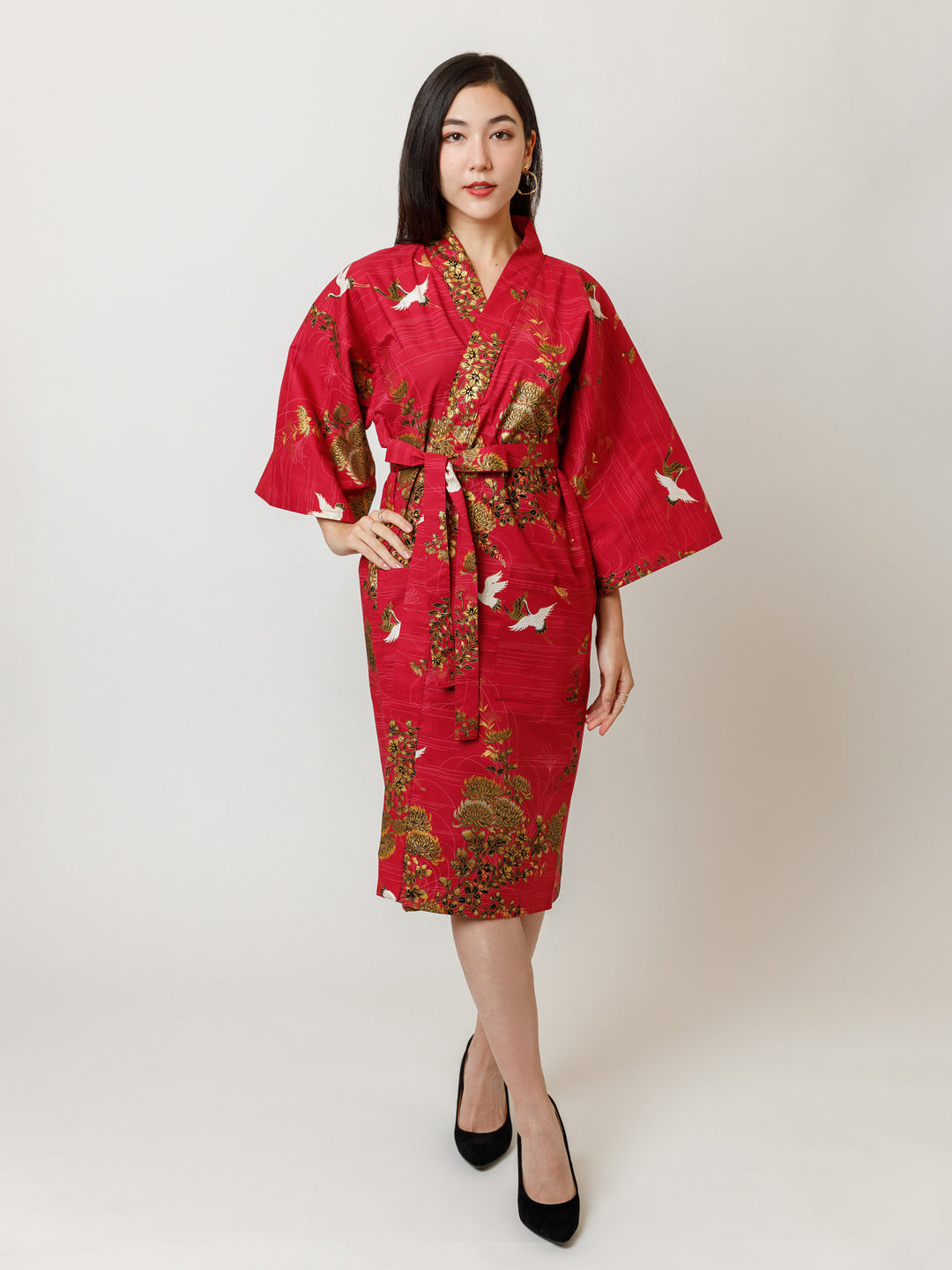 Red Crane Cotton Kimono Robe in Red