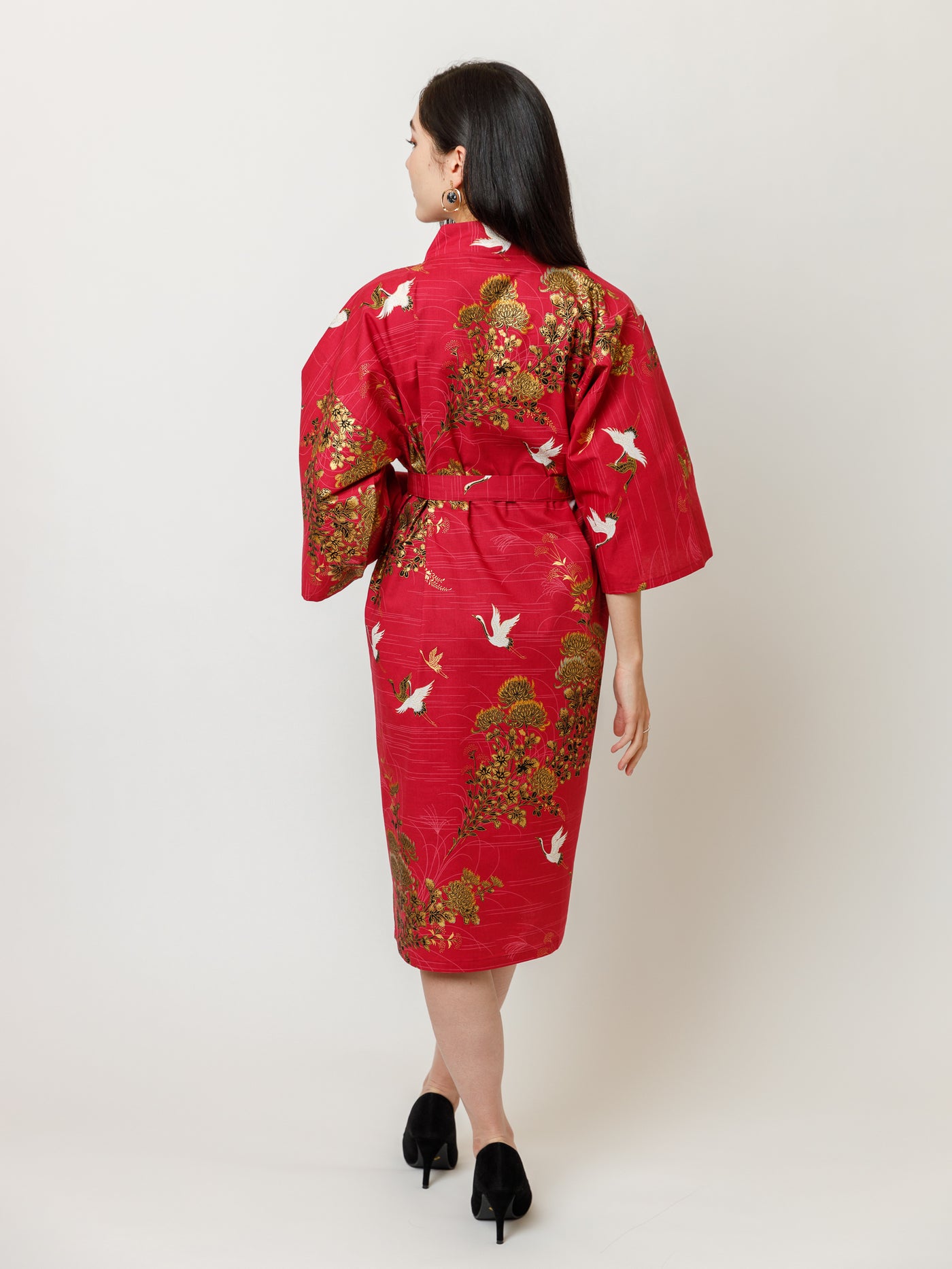 Japanese Crane Cotton Kimono Robe in Red Back