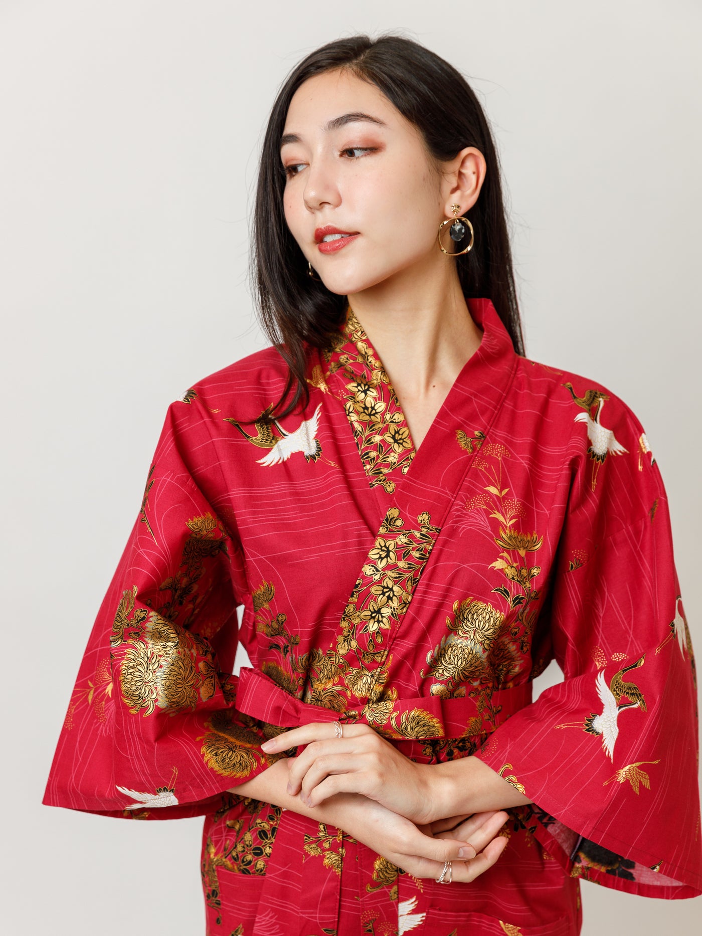 Red Crane Cotton Kimono Robe in Red | Japan Objects Store