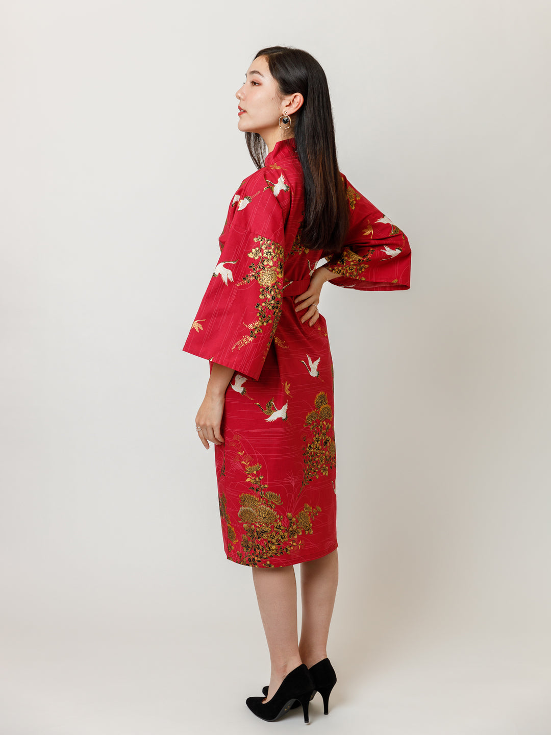 Red Crane Cotton Kimono Robe
