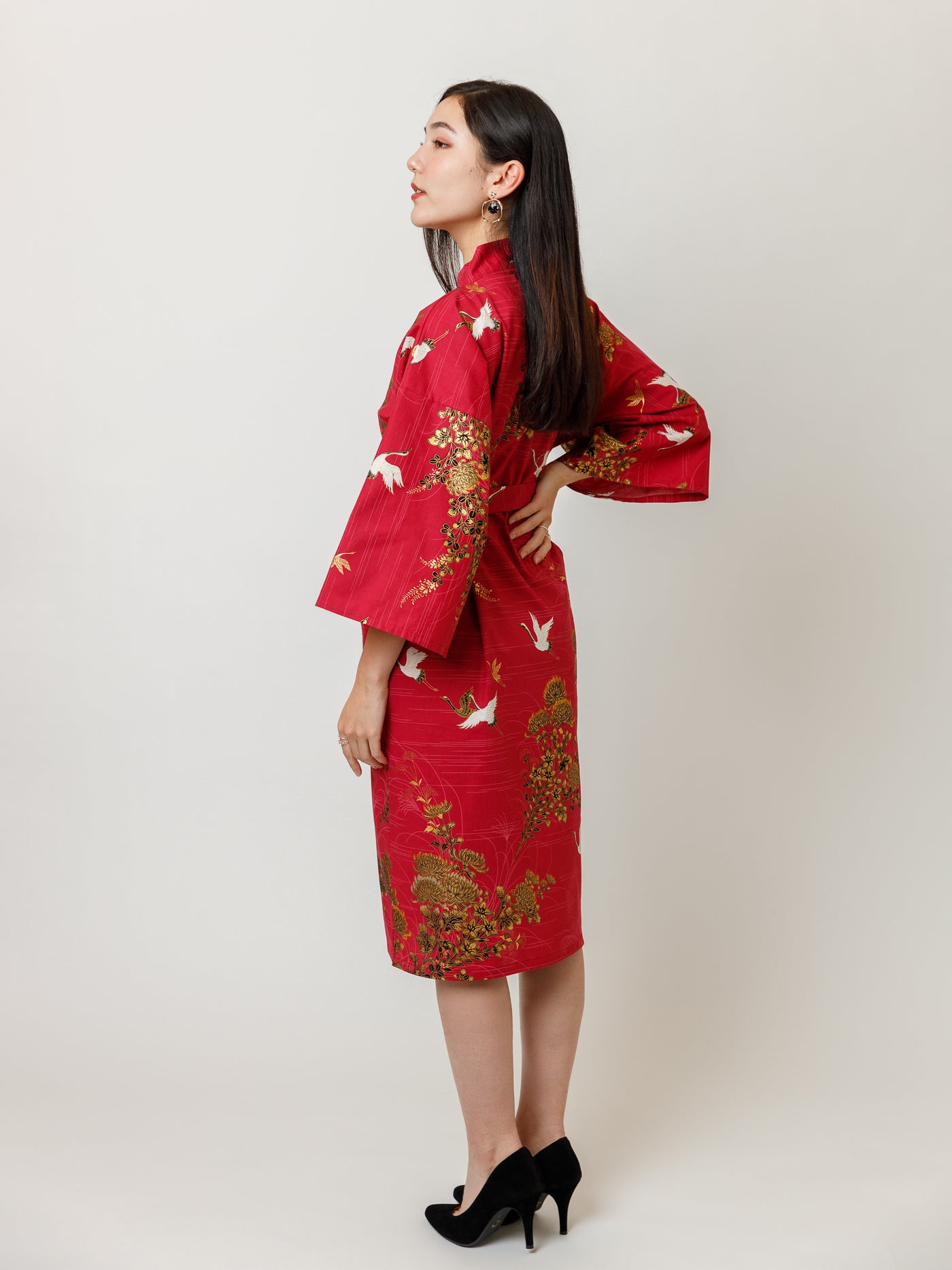 Red Crane Cotton Kimono Robe Side