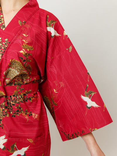 Japanese Crane Cotton Kimono Robe in Red Sleeve