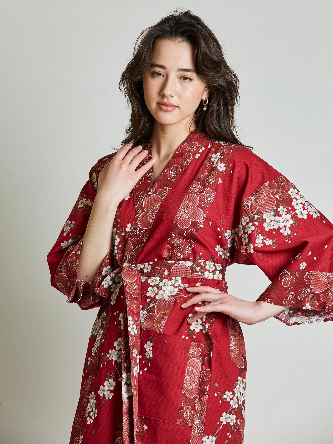 Cherry Blossom Red Kimono Robe close-up