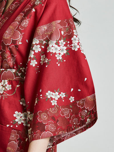 Cherry Blossom Red Kimono Robe sleeve close-up