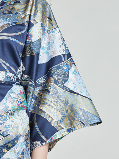 Sakura Floral Blue Kimono Robe sleeve close-up