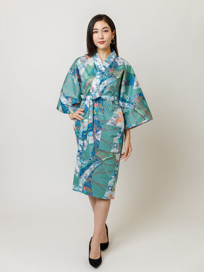 Turquoise Ribbon Cotton-Satin Kimono Robe