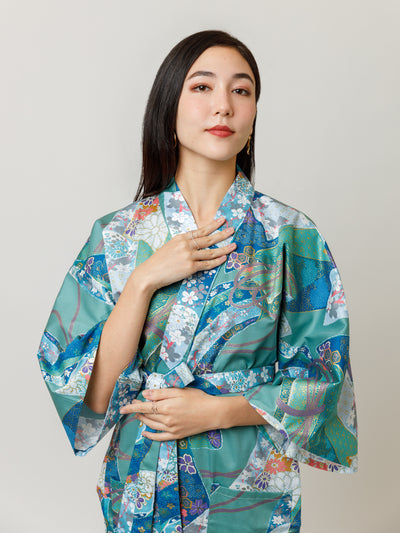 Floral Ribbon Cotton-Satin Kimono Robe in Turquoise Close Up