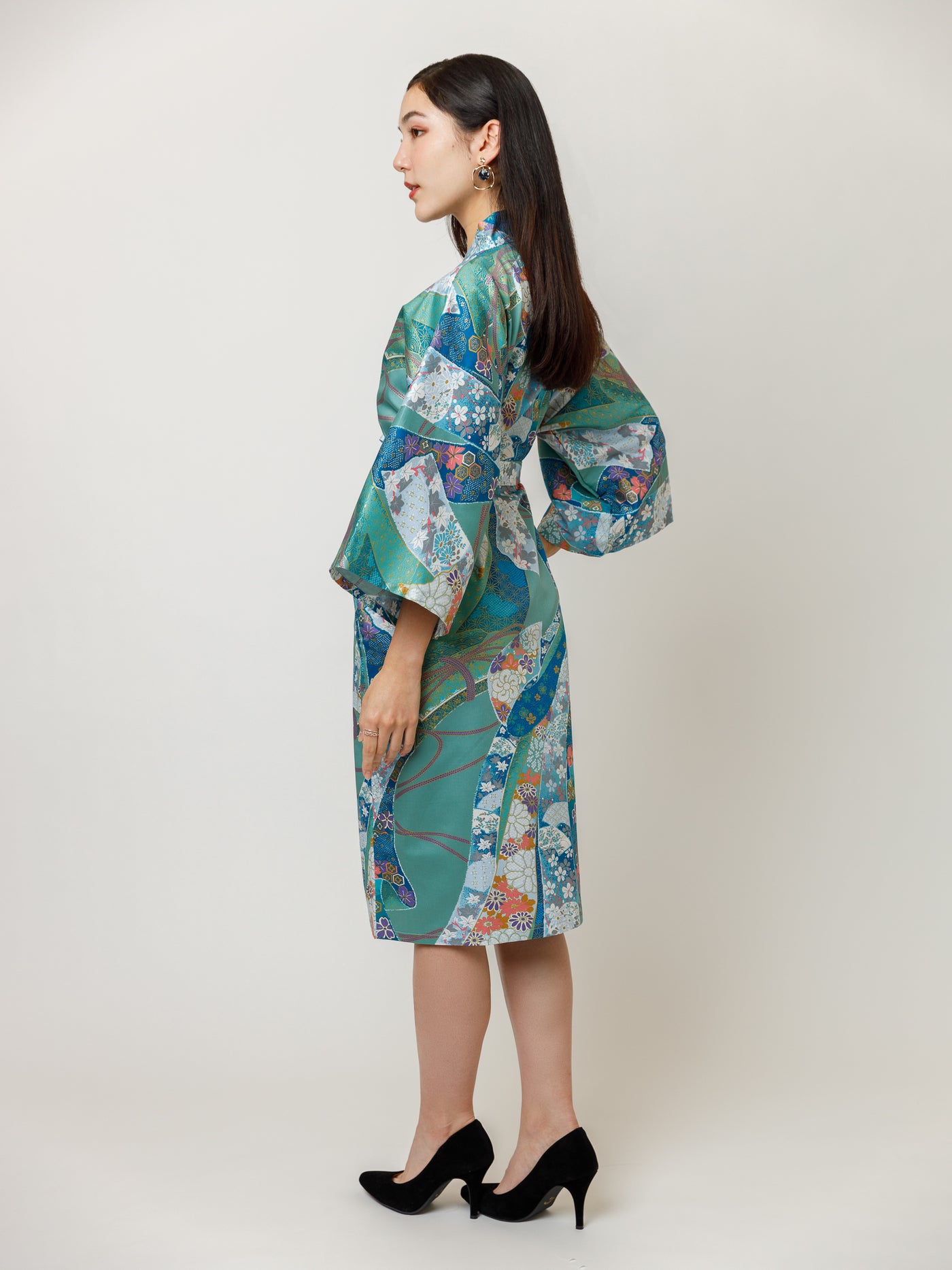 Floral Ribbon Cotton-Satin Kimono Robe in Turquoise Side
