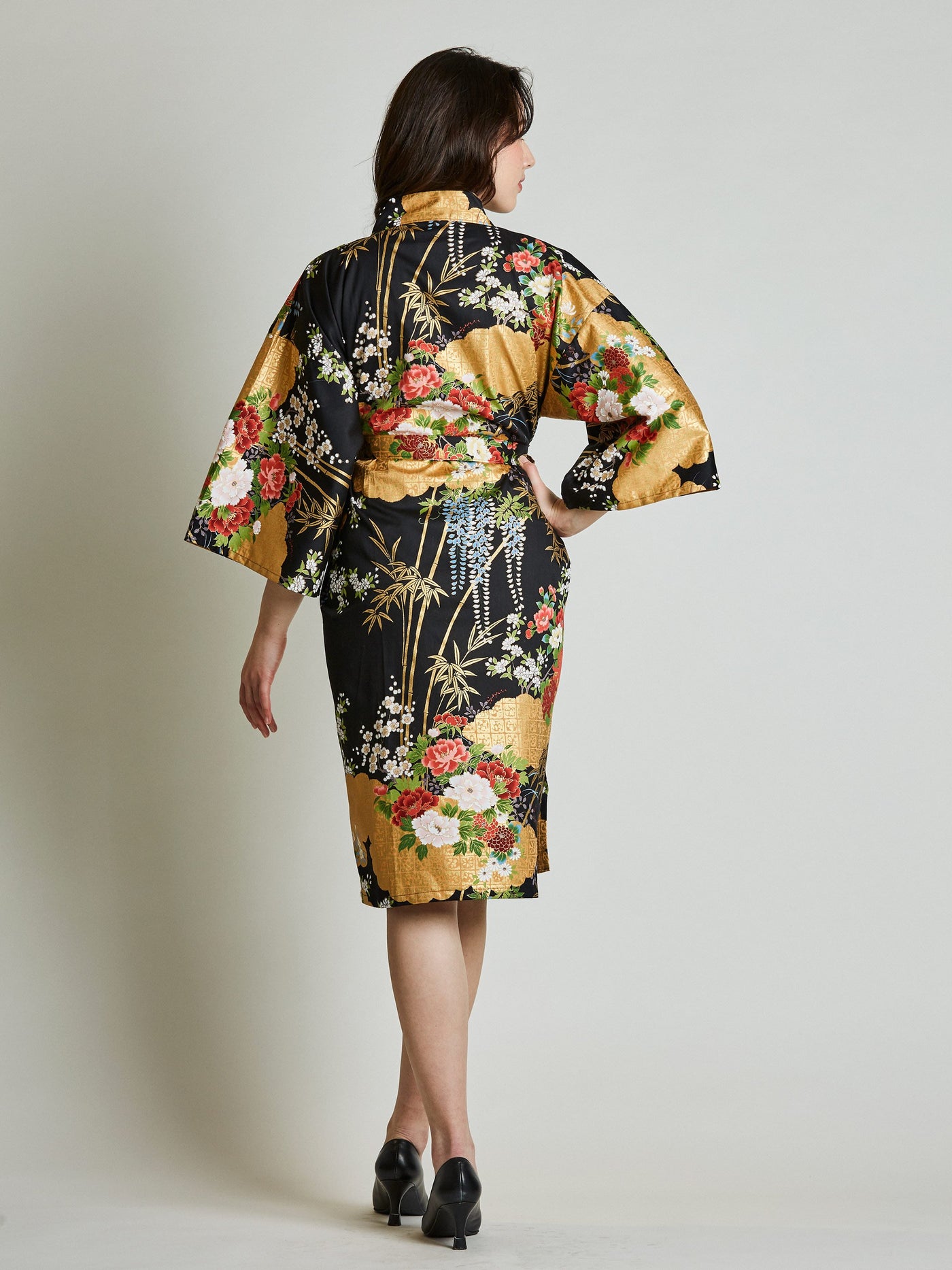 Japanese Floral Black Kimono Robe rear view