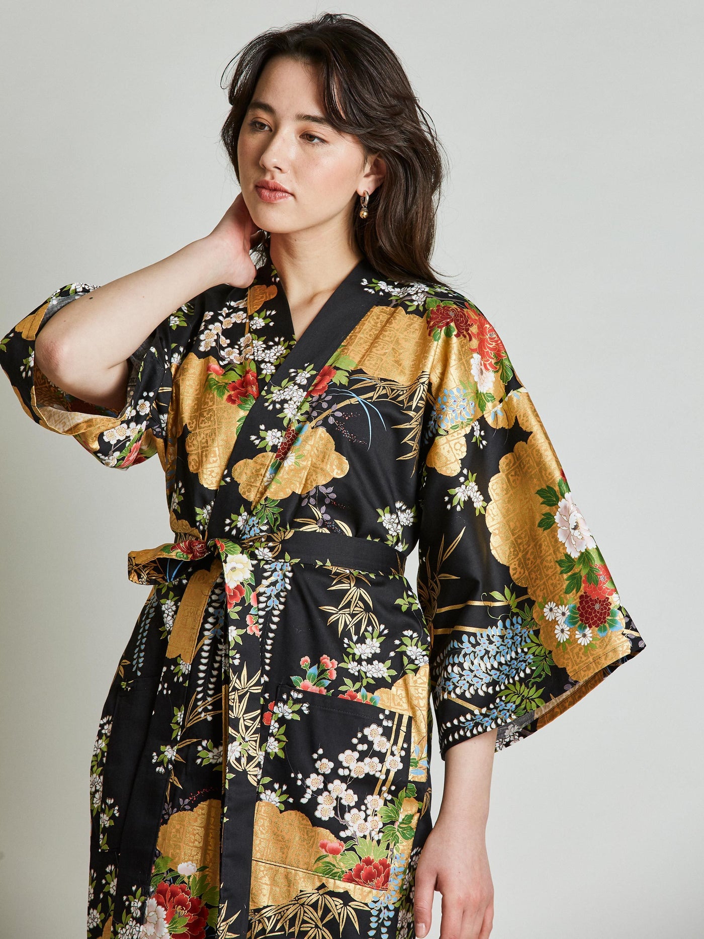 Japanese Floral Black Kimono Robe close-up