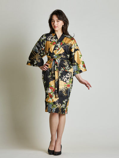 Japanese Floral Black Kimono Robe front view