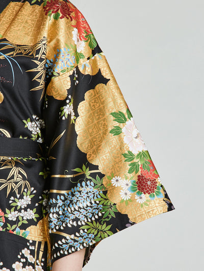 Japanese Floral Black Kimono Robe sleeve close-up