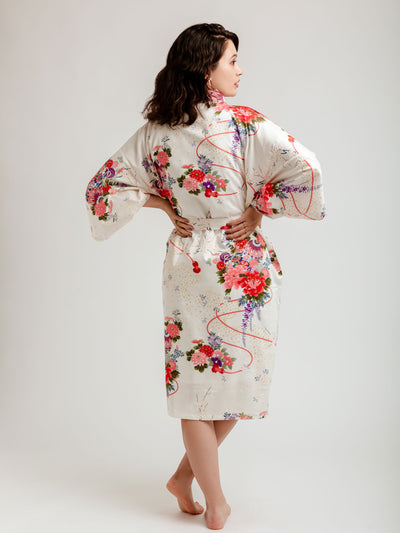 White Temari Floral Kimono Robe Back