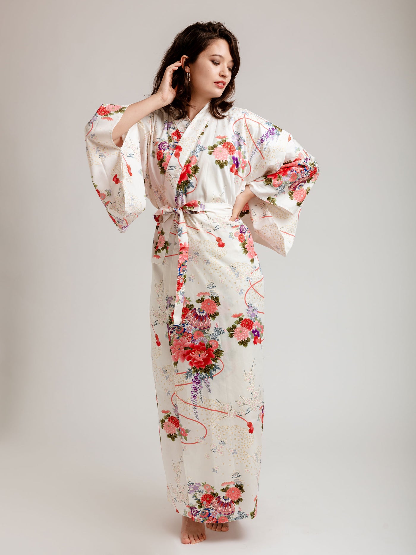 White Temari Long Kimono Robe Front