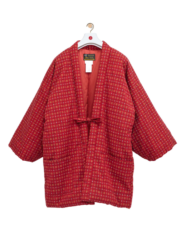 10% OFF Made in orders Japan Vintage Hanten Jacket Padding Wadded Red Check Kasuri Patterns Drawstring Kimono Robe Warm Winter Jacket