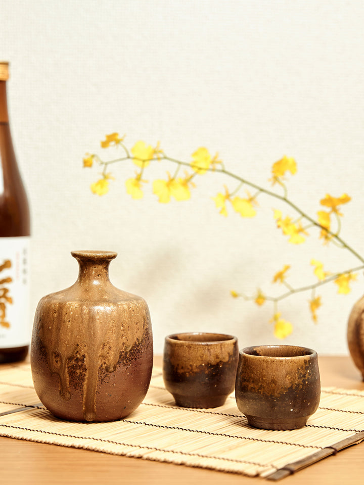 Set Of Japanese Studio Pottery online Bizen Ware Sake Tokkuri Bottle And Cup