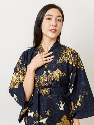 Japanese Crane Long Kimono Robe Close Up