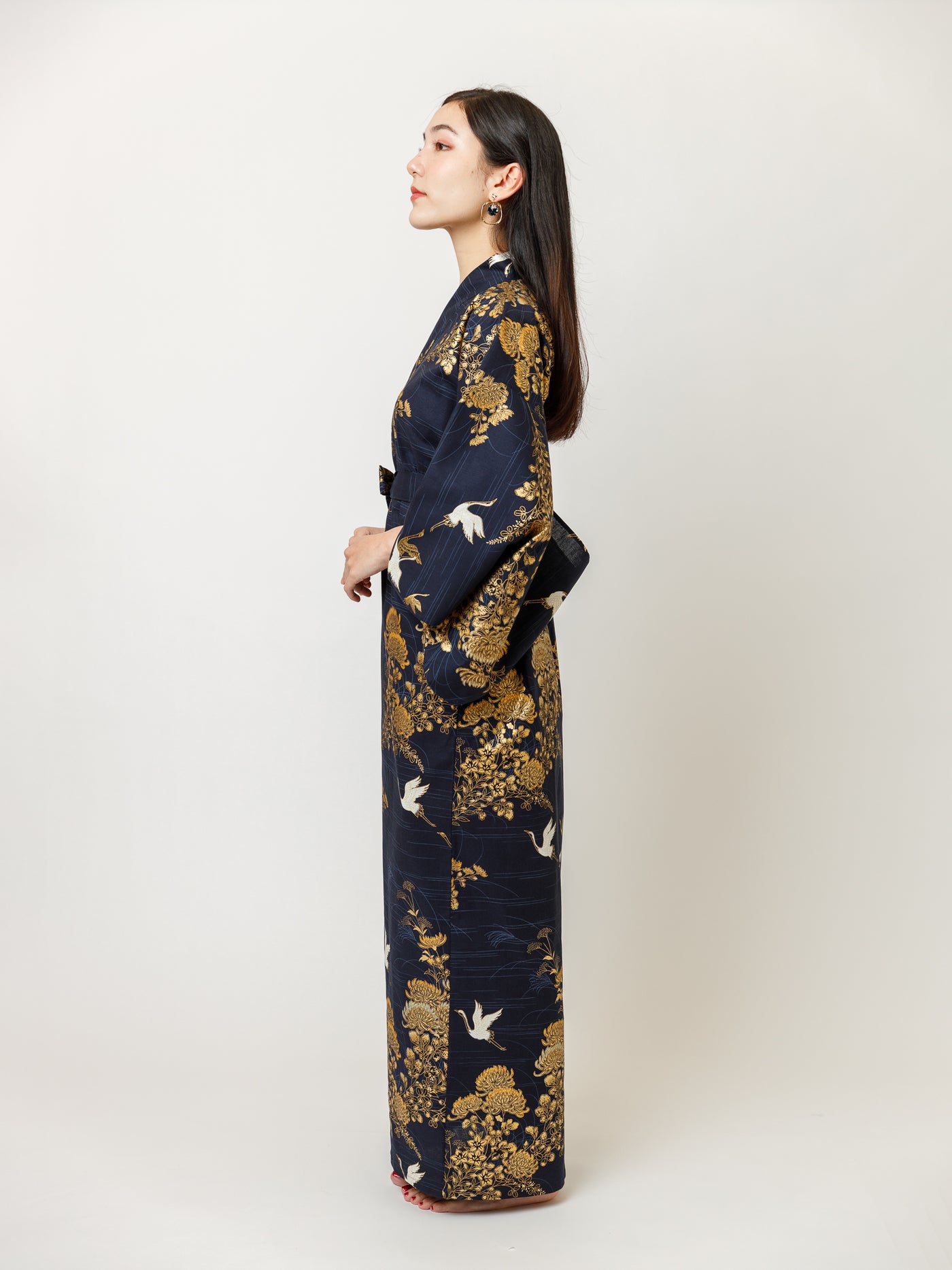 Japanese Crane Long Kimono Robe Side