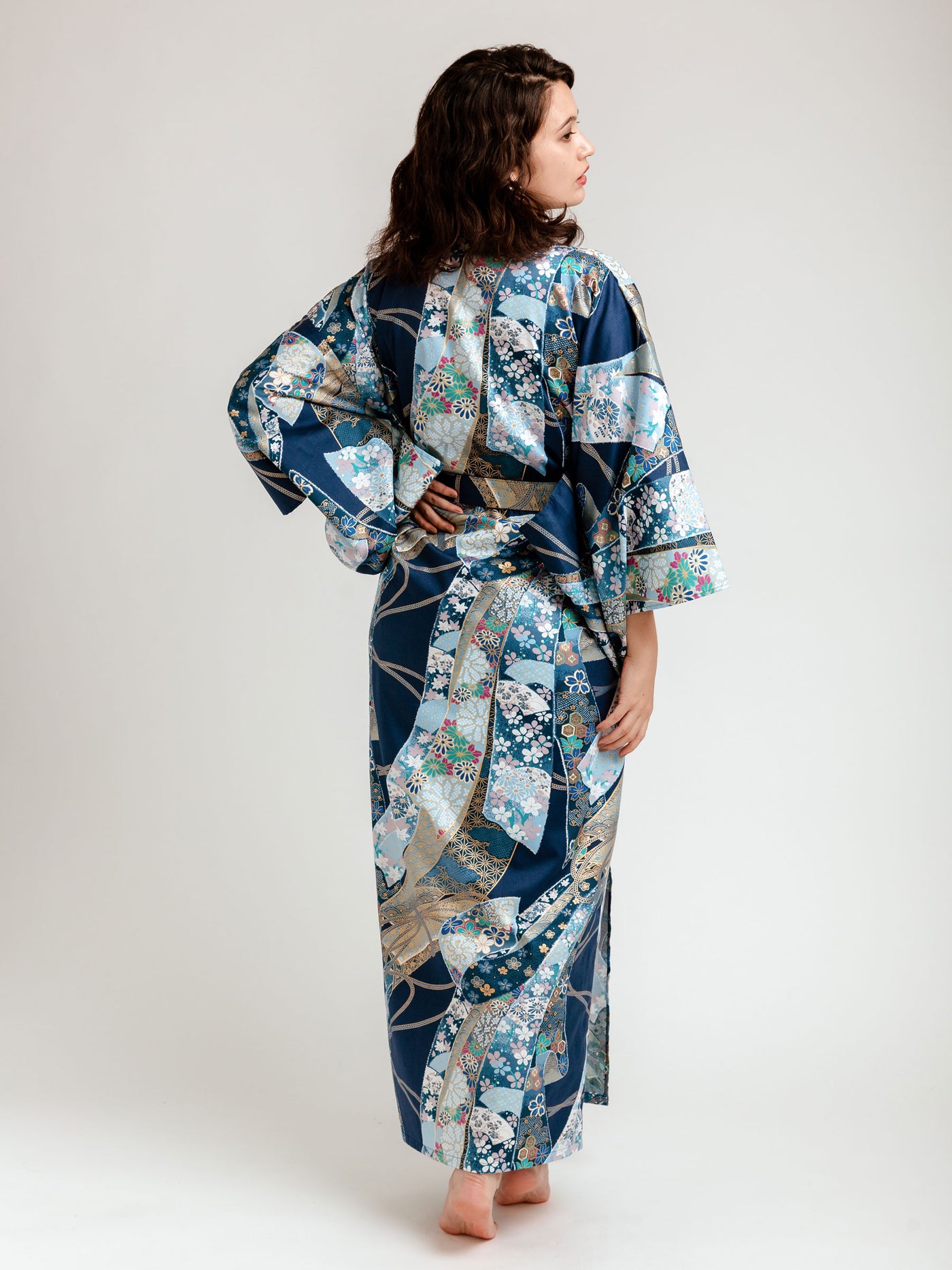 Blue Floral Ribbon Long Kimono Robe Back