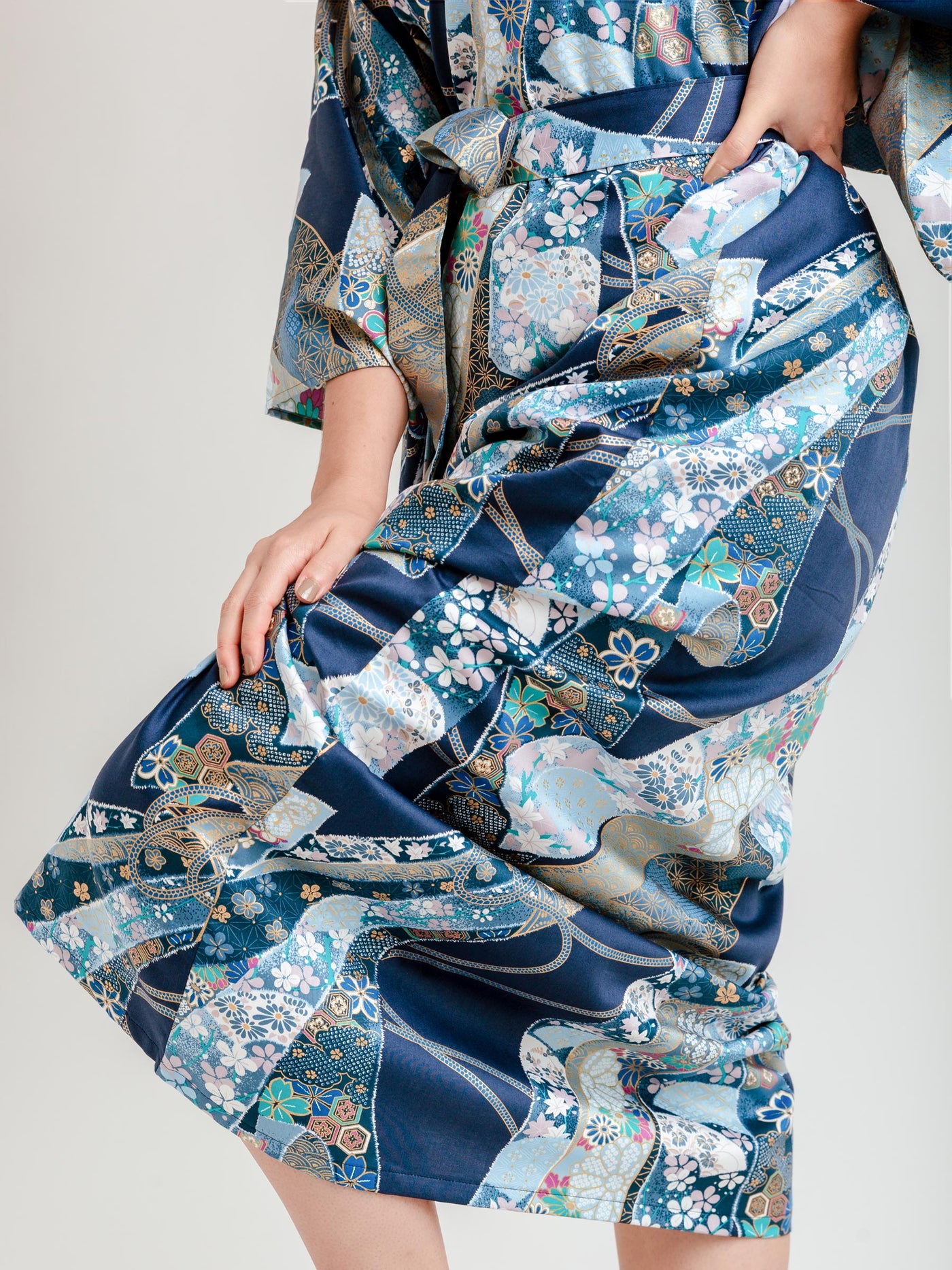 Blue Floral Ribbon Long Kimono Robe Bottom