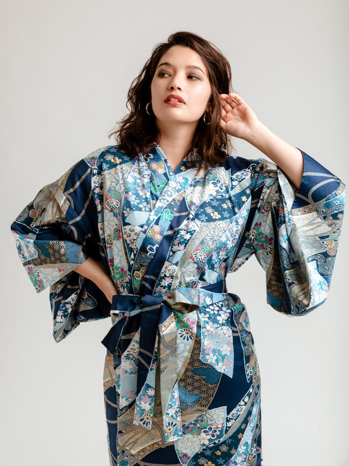 ZUCCHI long kimono happi coat. Ankle lenght. Pure cotton. Gray, blue, green. Abstract patterned flowers. Belt. Size M. 2024 Made in Italy. New.