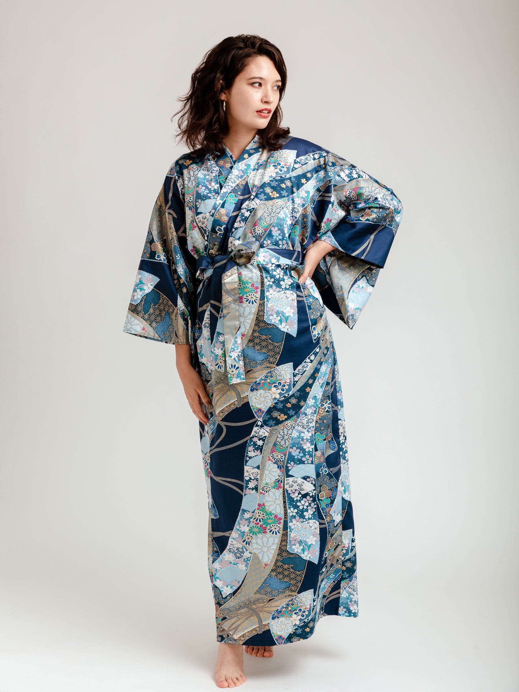 Blue Floral Ribbon Long Kimono Robe | Japan Objects Store