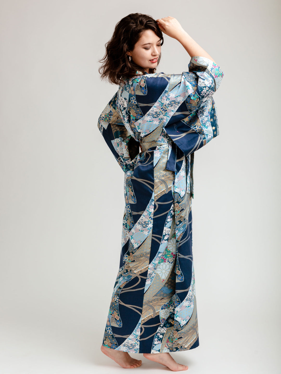 ZUCCHI long kimono happi coat. Ankle lenght. Pure cotton. Gray, blue, green. Abstract patterned flowers. Belt. Size M. 2024 Made in Italy. New.