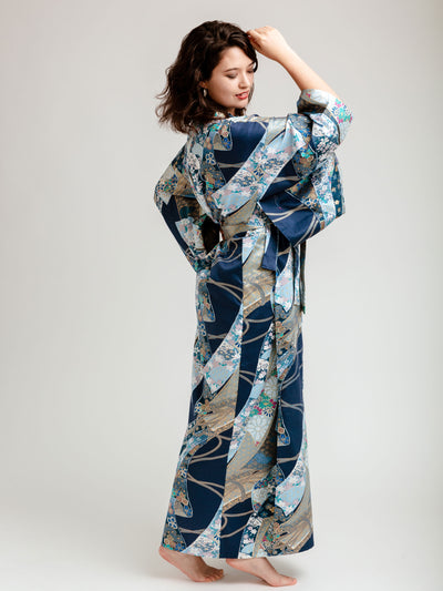 Blue Floral Ribbon Long Kimono Robe Side