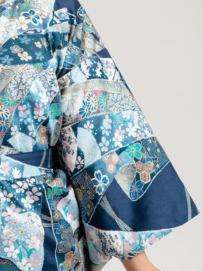 Blue Floral Ribbon Long Kimono Robe Sleeve