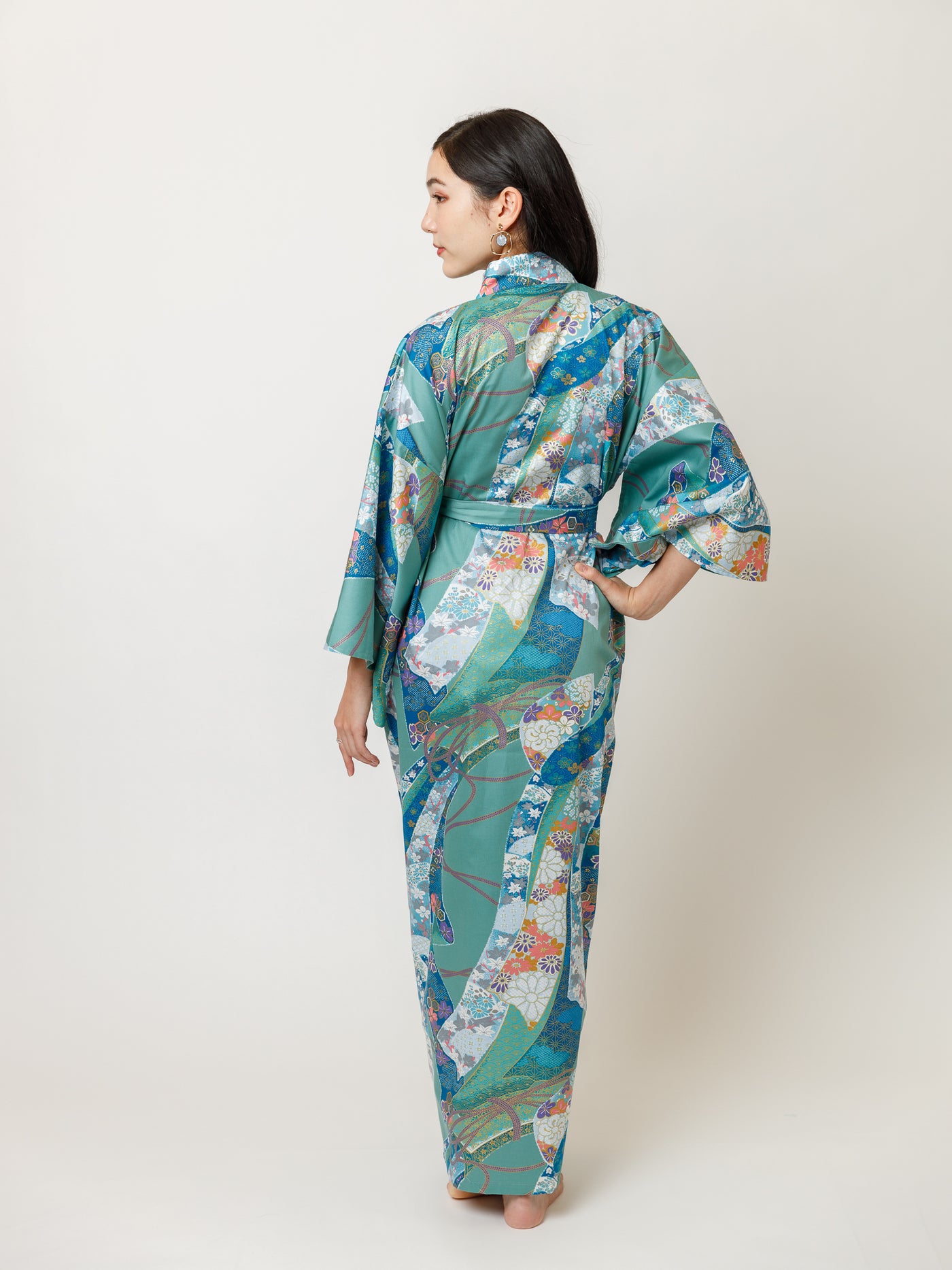 Turquoise Ribbon Long Kimono Robe Back