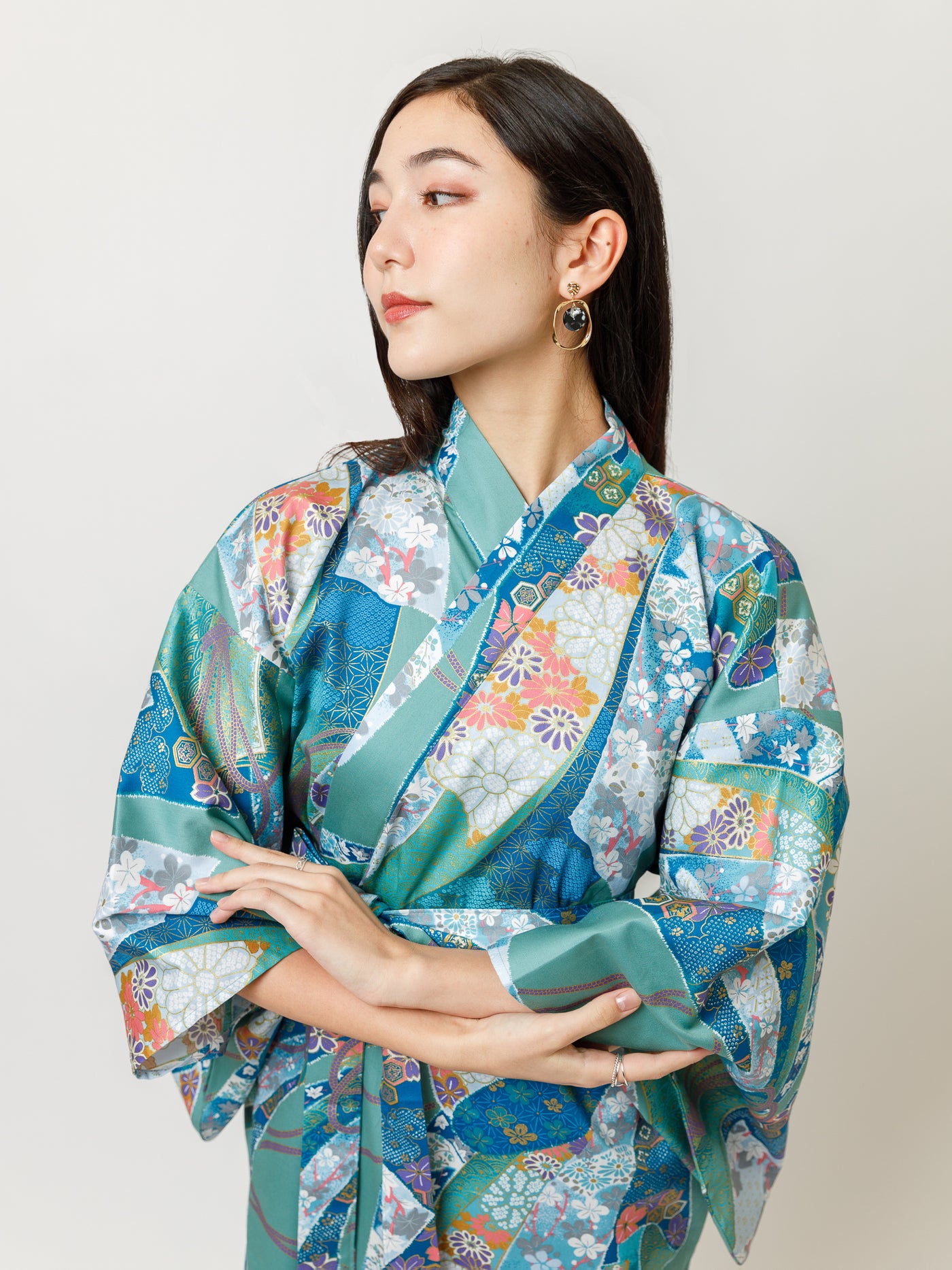 Turquoise Ribbon Long Kimono Robe Close Up