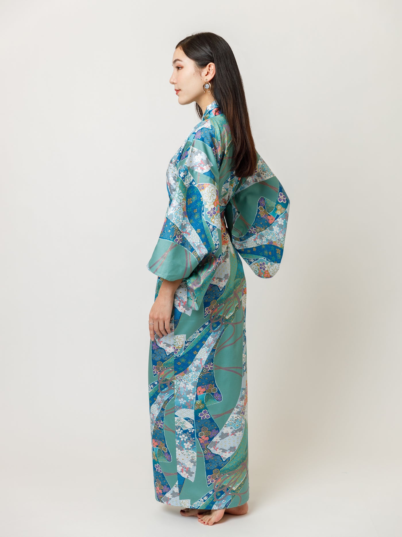 Turquoise Ribbon Long Kimono Robe Side