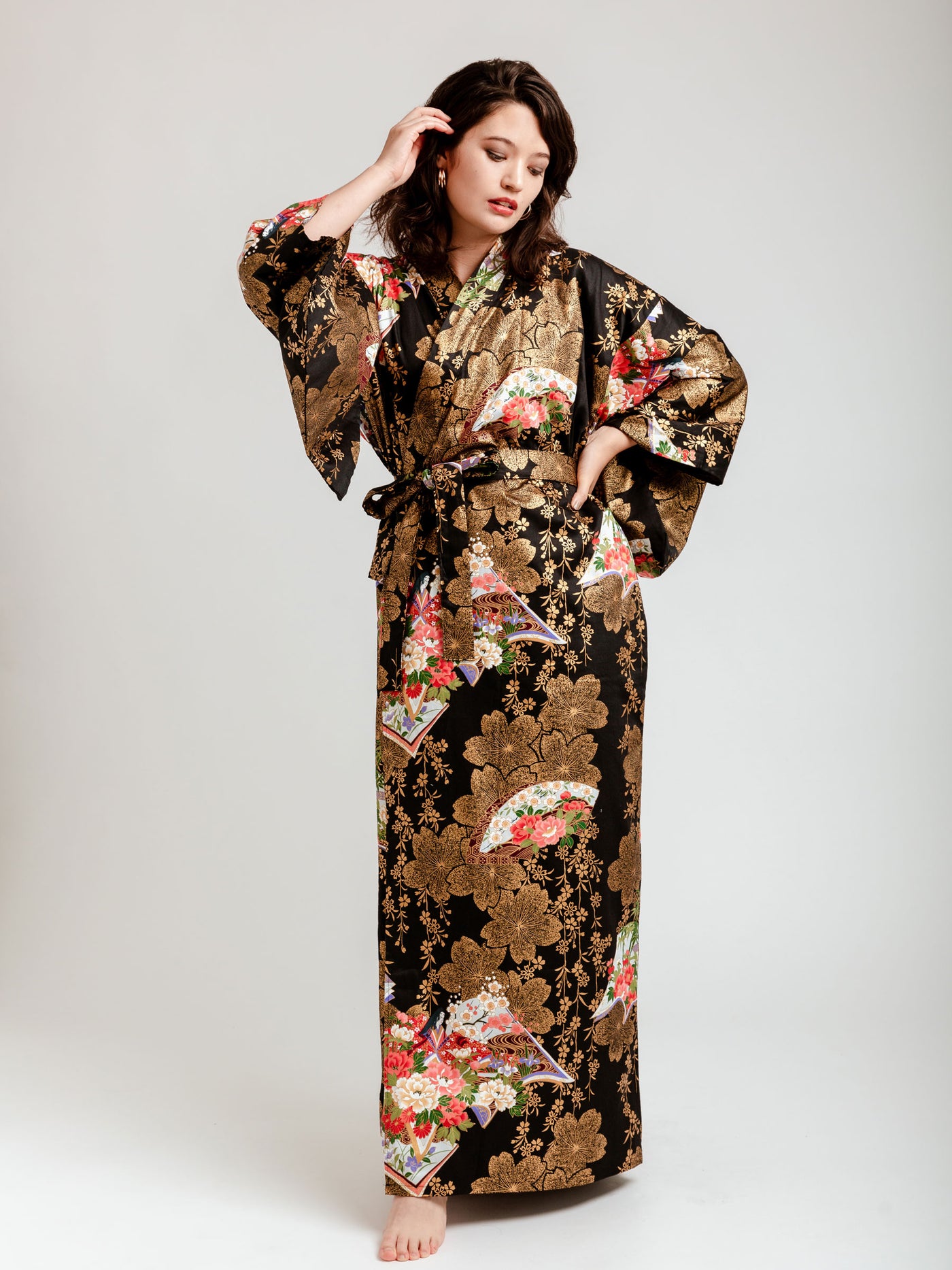 Japanese Gold Long Kimono Robe Front